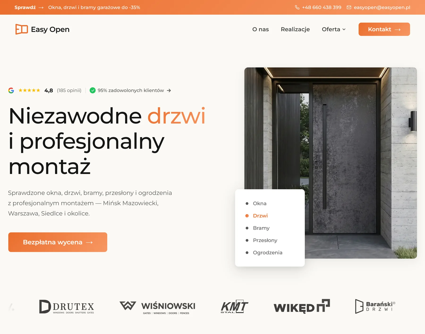 Sekcja hero strony Easy Open: ocena z Google, nagłówek o montażu, przycisk bezpłatnej wyceny i logotypy producentów