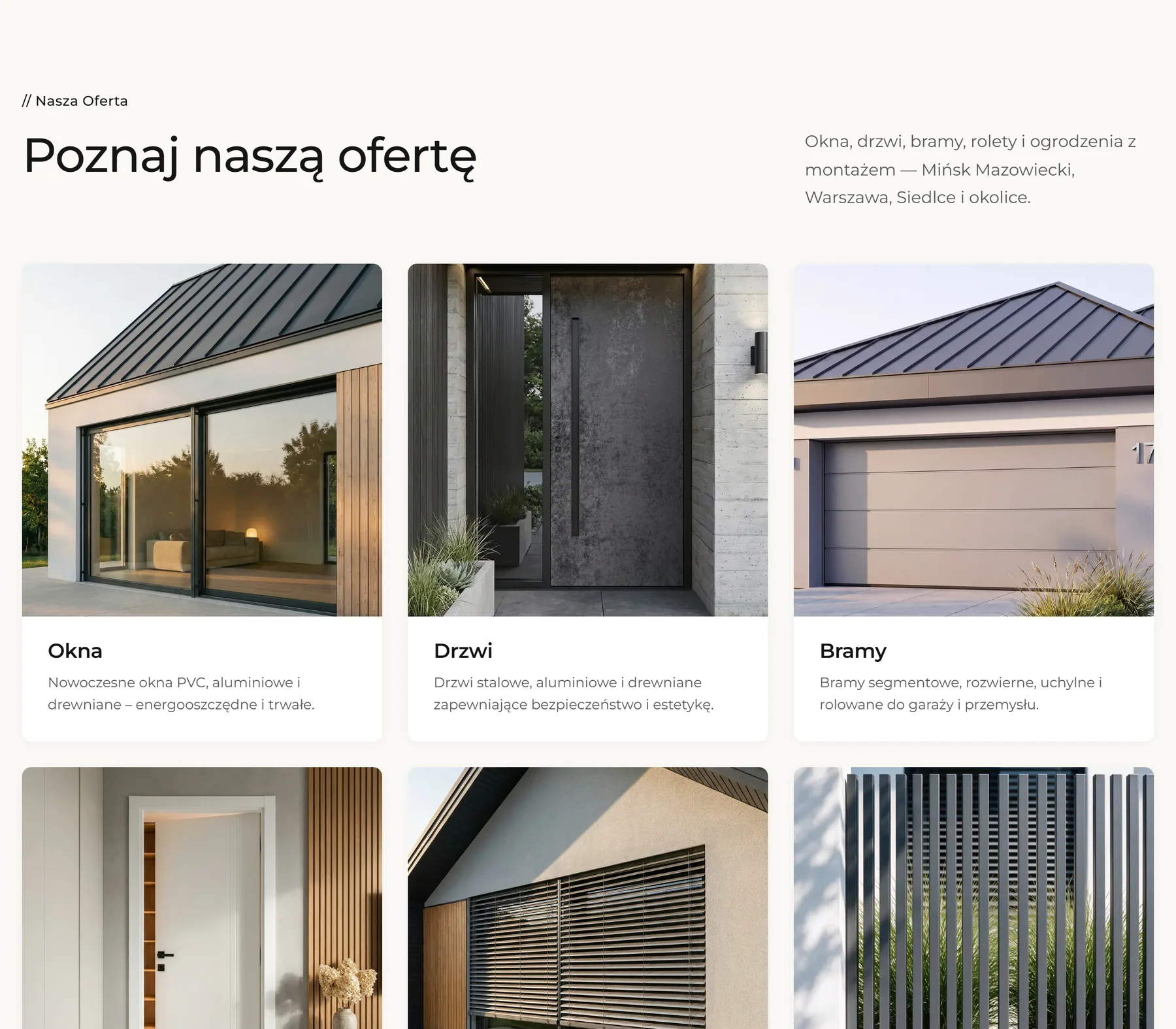 Sekcja oferty Easy Open: karty ze zdjęciami okien, drzwi i bram